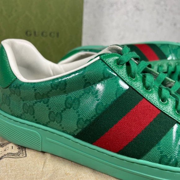 Gucci ACE GG Green Crystal coated canvas trainers. - Picture 3 of 15